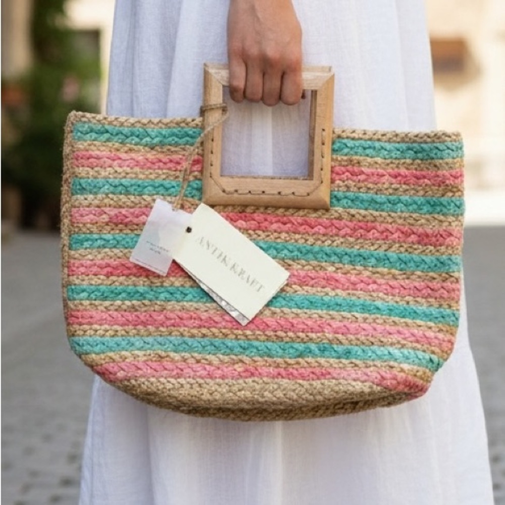 Antik Kraft hand made square wood handle striped pink green jute Bag - Picture 10 of 10